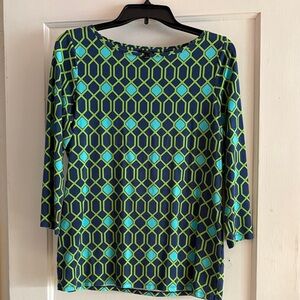 Talbots Blue and Green Geometric Long Sleeve Top